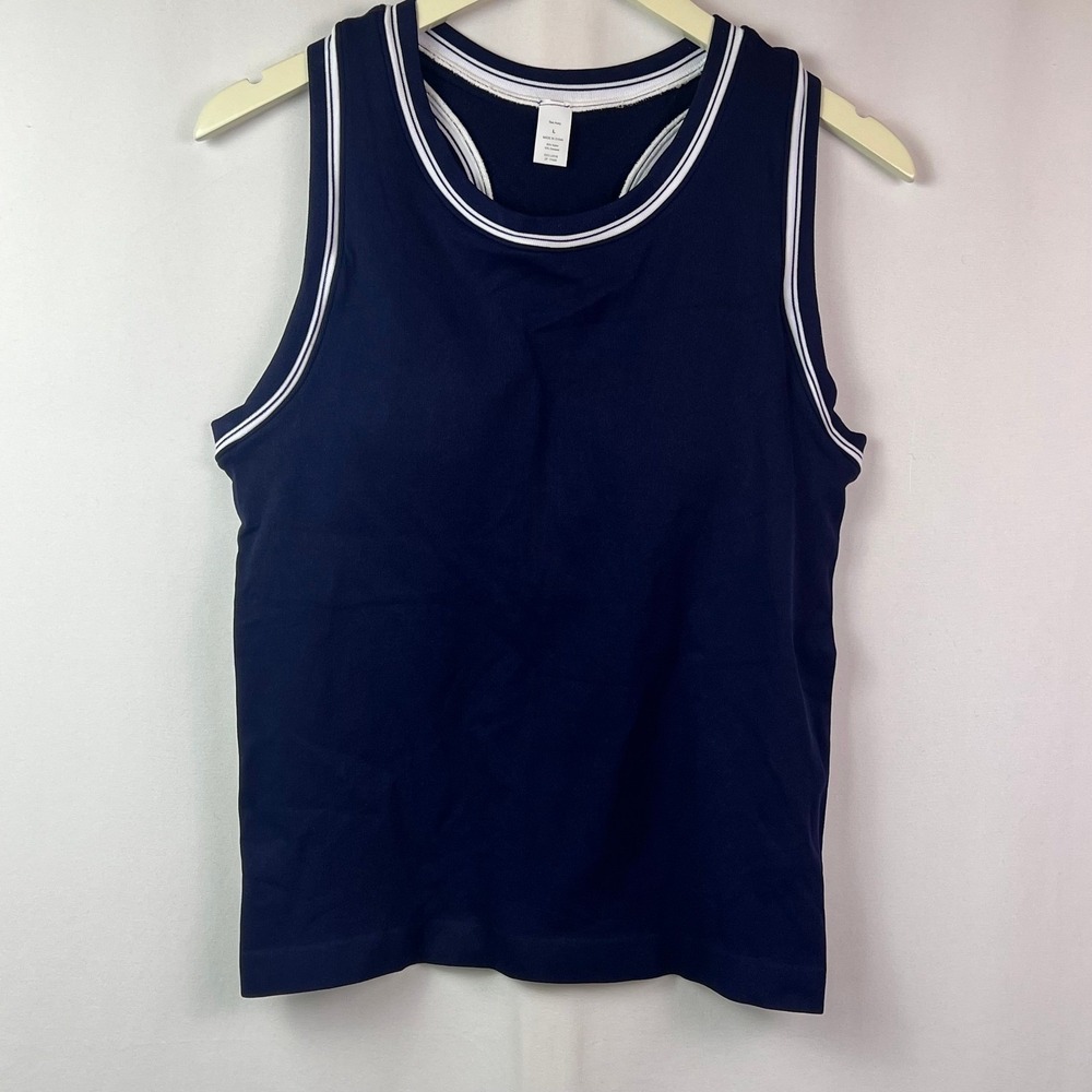 Navy Blue Racerback Athletic Tank Top White Striped Trim Size S Womens